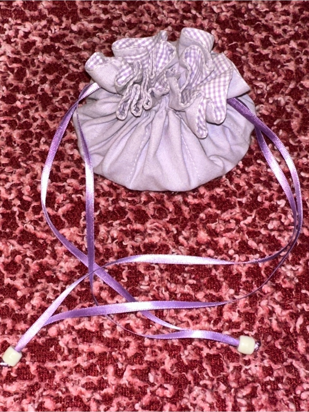 Vintage Purple Gingham Fabric Drawstring Travel Jewelry Pouch & Organizer